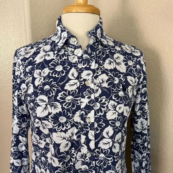 NWOT Polo Ralph Lauren Womens Floral Cotton Knit Oxford Shirt Navy White Medium - Picture 6 of 14